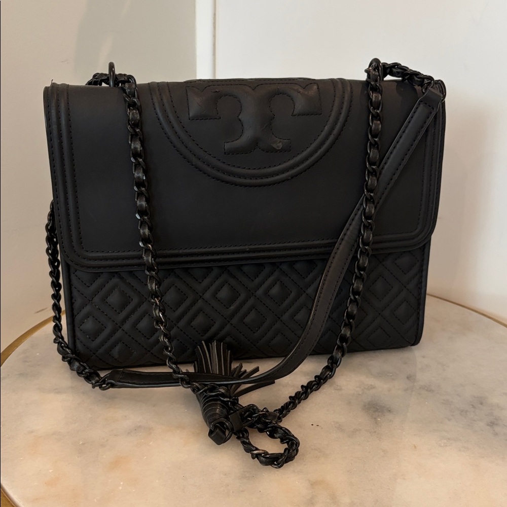 Tory Burch Black Quilted Chain Shoulder Bag with Tassel